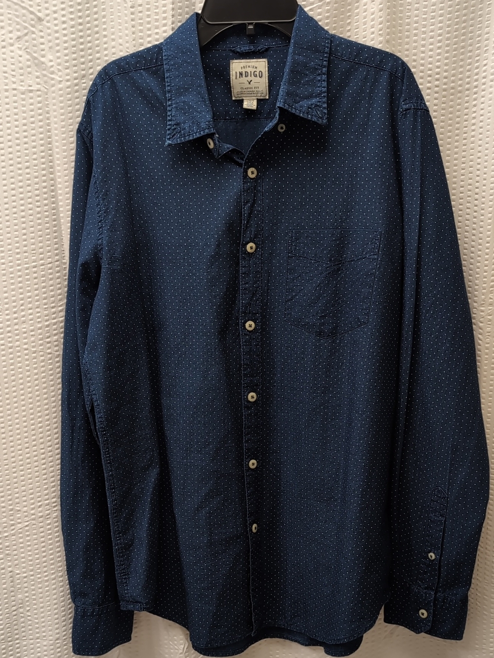 American Eagle Men's Dark Blue Micro-Dot Button Down Shirt